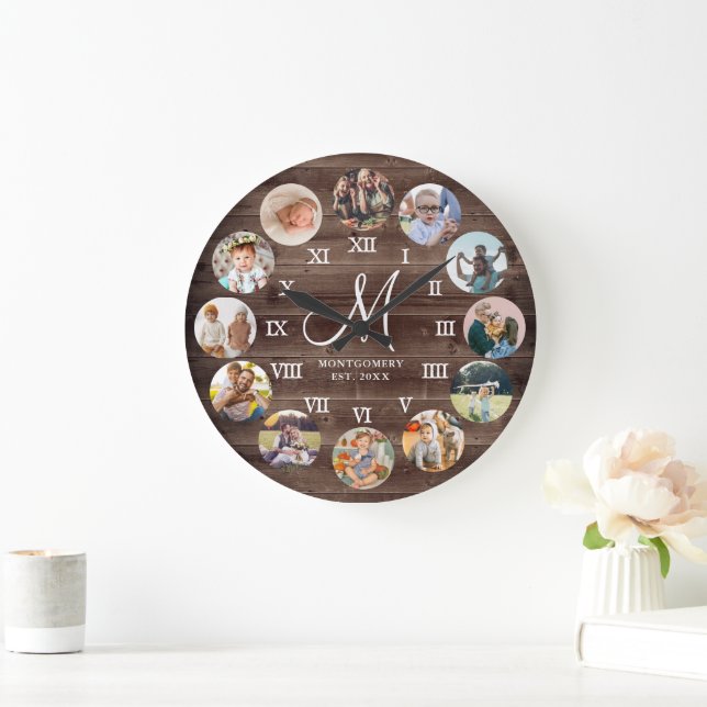 Rustic Farmhouse Family Photo Collage Monogram Stor Klocka (Hem)