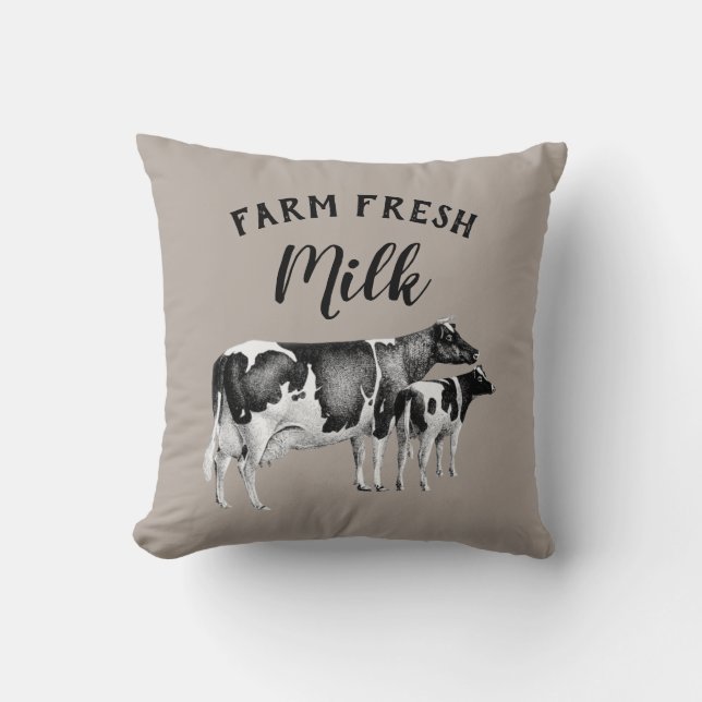 Rustic Farmhouse Farm Fresh Mjölk Cow Calf | Taupe Kudde (Framsida)