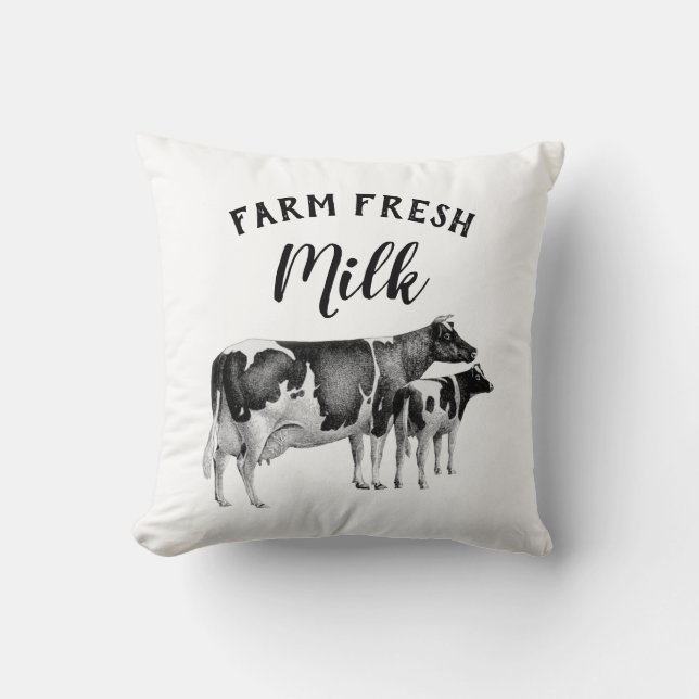 Rustic Farmhouse Farm Fresh Mjölk Cow Calf | Vit Kudde (Framsida)