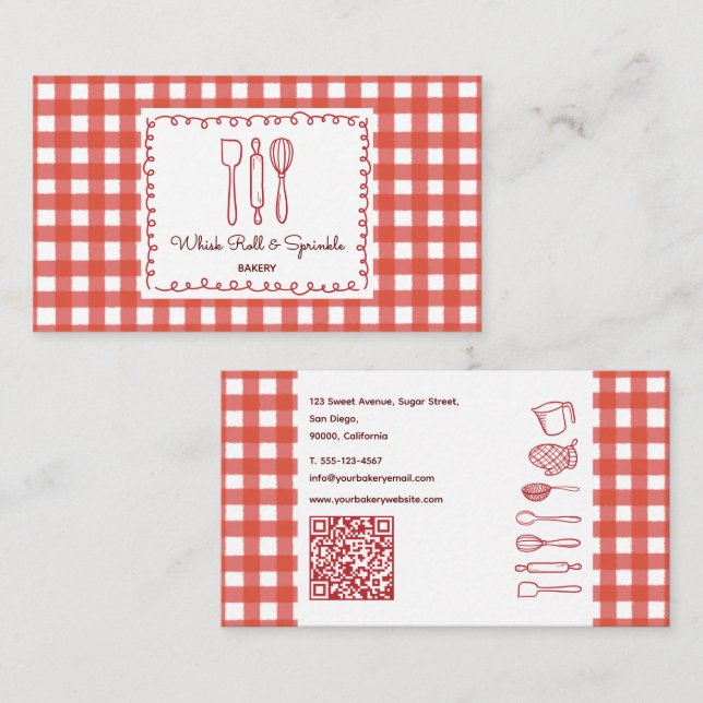 Rustic Farmhouse Gingham QR Code Bakery Visitkort (Fram/baksida)