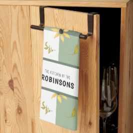 Rustic farmhouse grönt gingham blommigt monogramma kökshandduk