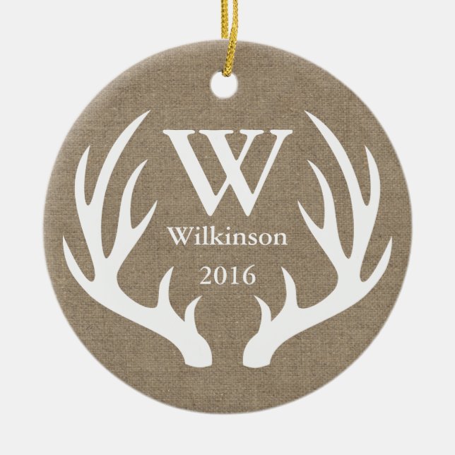 Rustic Farmhouse Hjort Antlers Family Photo Julgransprydnad Keramik (Framsidan)