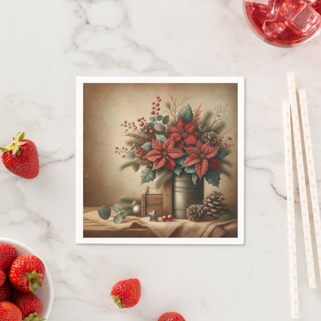 Rustic Farmhouse Holiday Poinsettia Découpage Pappersservett (Insitu)