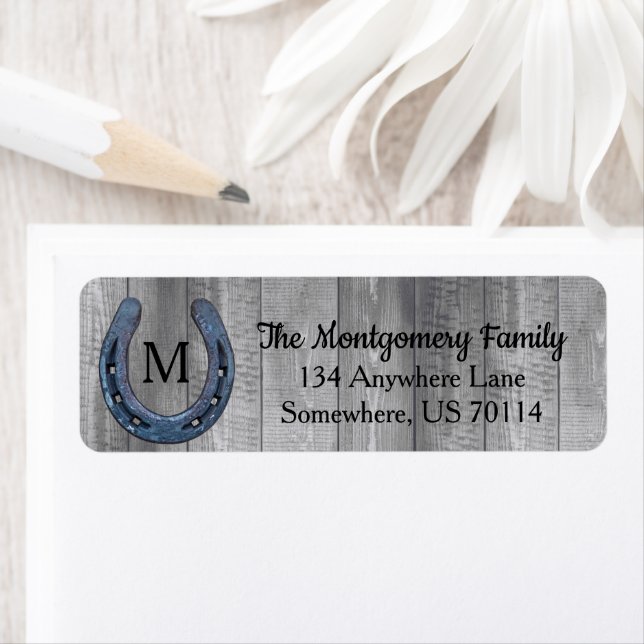 Rustic Farmhouse Horseshoe & Barn Wood Planks Returadress Etikett (Insitu)