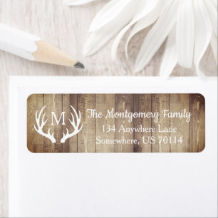 Rustic Farmhouse Land Hjort Antlers Wood Planks Returadress Etikett