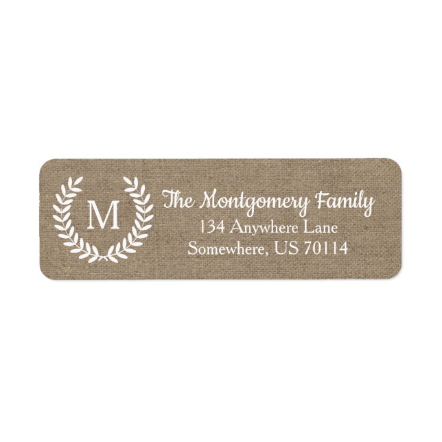 Rustic Farmhouse Land Laurels Faux Burlap Returadress Etikett (Framsidan)