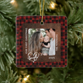 Rustic Farmhouse Leather & Plaid Christmas Family Julgransprydnad Keramik