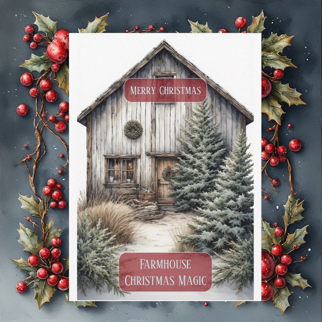 Rustic Farmhouse Magic Christmas Country Pine Tree Julkort (Rustic Farmhouse Magic Christmas Country Pine Tree Holiday Card)