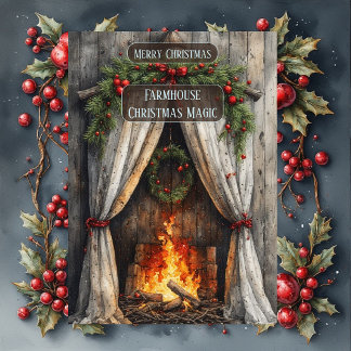 Rustic Farmhouse Magic Christmas Fireplace Hearth Julkort