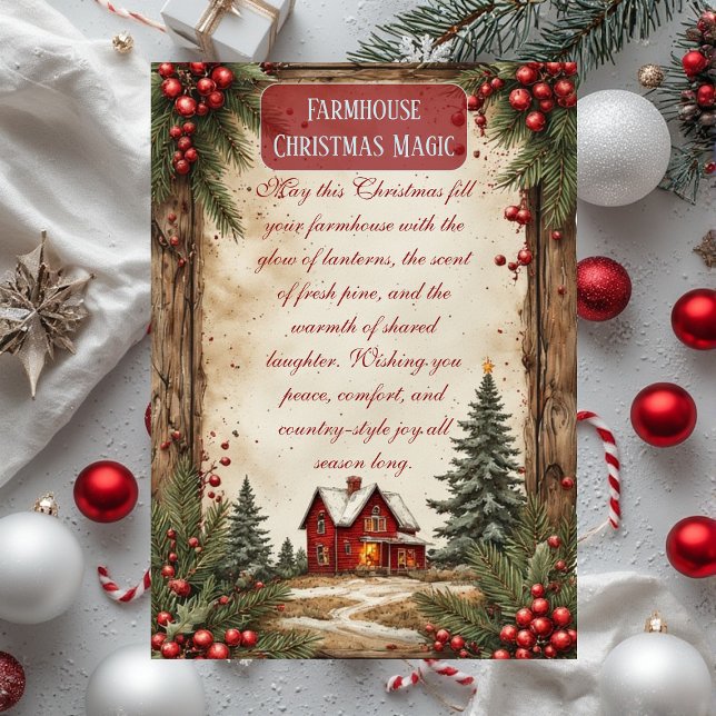 Rustic Farmhouse Magic Christmas Red Barn Country  Julkort (Rustic Farmhouse Magic Christmas Red Barn Country Holiday Card)