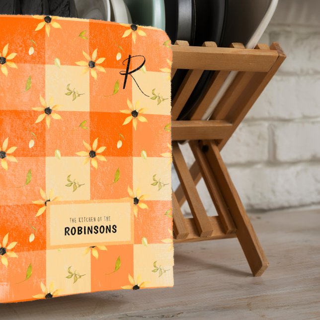 Rustic farmhouse orange gingham blommigt monogramm kökshandduk (Skapare uppladdad)