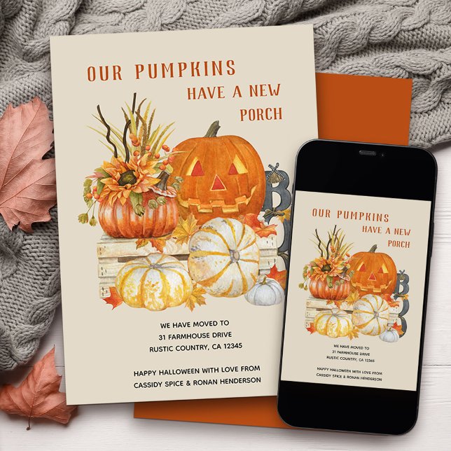 Rustic Farmhouse Pumpkins New Porch Flytta Meddelande (Fun halloween themed moving announcement to let your friends know your pumpkins have a new porch!)