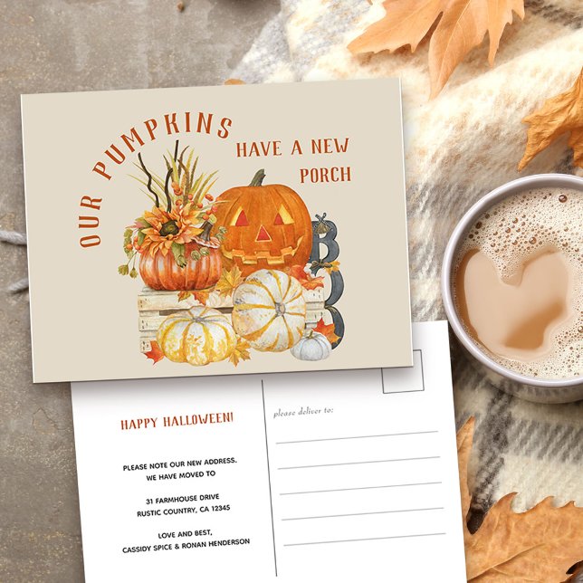 Rustic Farmhouse Pumpkins New Porch Ny adress Helg Vykort (New address and Happy Halloween Postcard with rustic fall pumpkins)