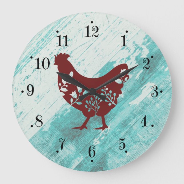 Rustic Farmhouse Red Chicken Faux Wood Wall Clock Stor Klocka (Framsida)