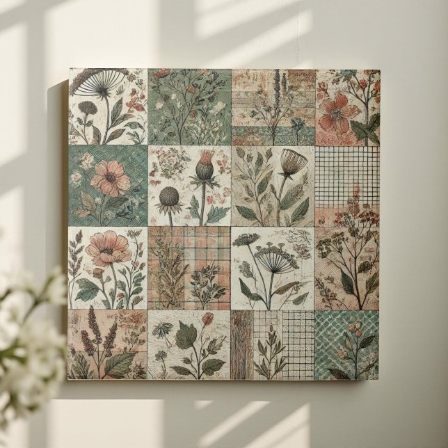 Rustic Farmhouse Sage Grönt Patchwork Quilt Blommi Kakelplatta (Skapare uppladdad)