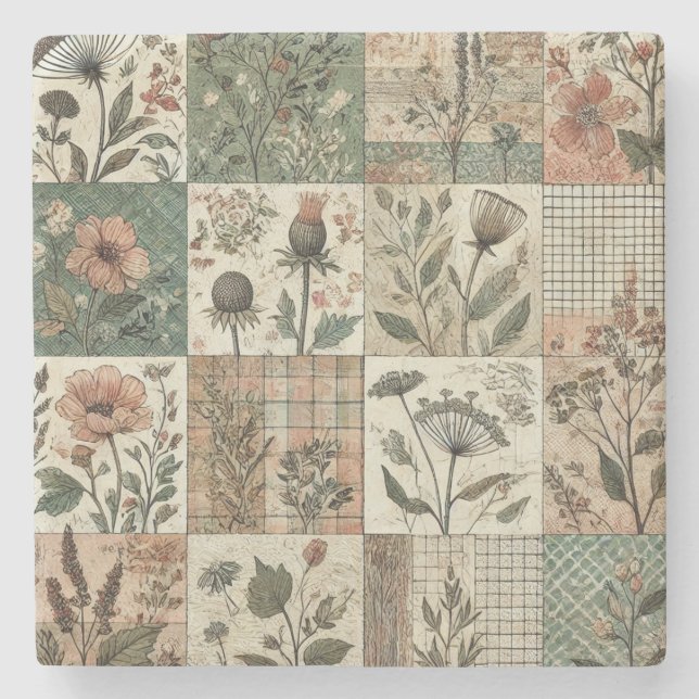 Rustic Farmhouse Sage Grönt Patchwork Wildblomma Stenunderlägg (Framsidan)