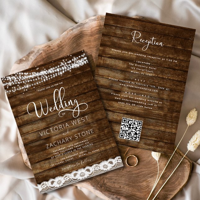 Rustic Farmhouse String Ljus QR Code Bröllop Inbjudningar (Skapare uppladdad)