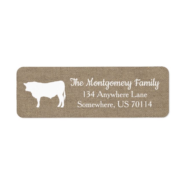 Rustic Farmhouse White Bull Cow & Faux Burlap Returadress Etikett (Framsidan)