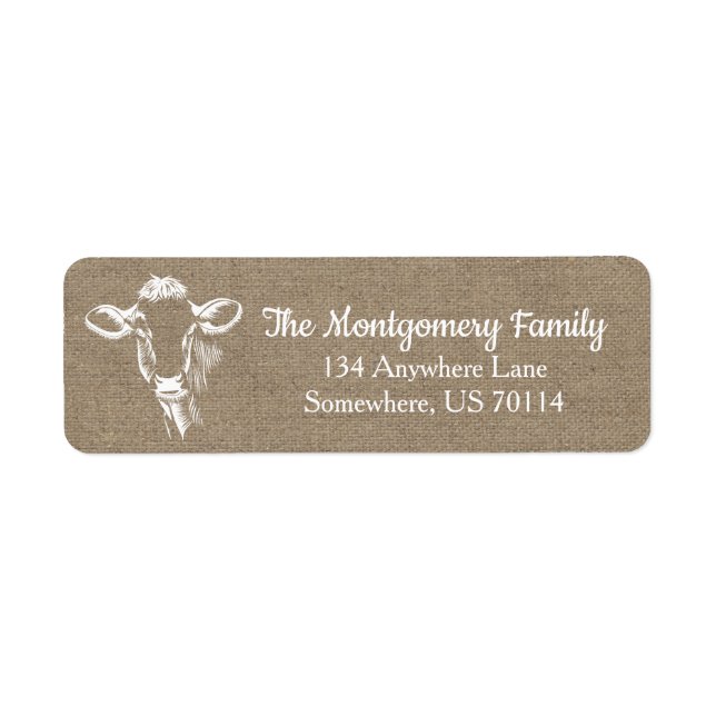 Rustic Farmhouse White Cow Faux Burlap Returadress Etikett (Framsidan)