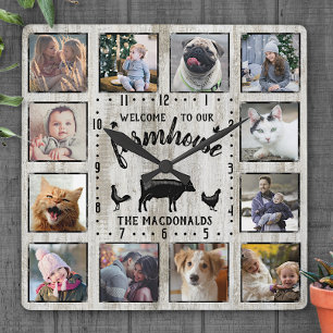 Rustic Farmhouse Wood Cow 12 Family Photo Collage Fyrkantig Klocka