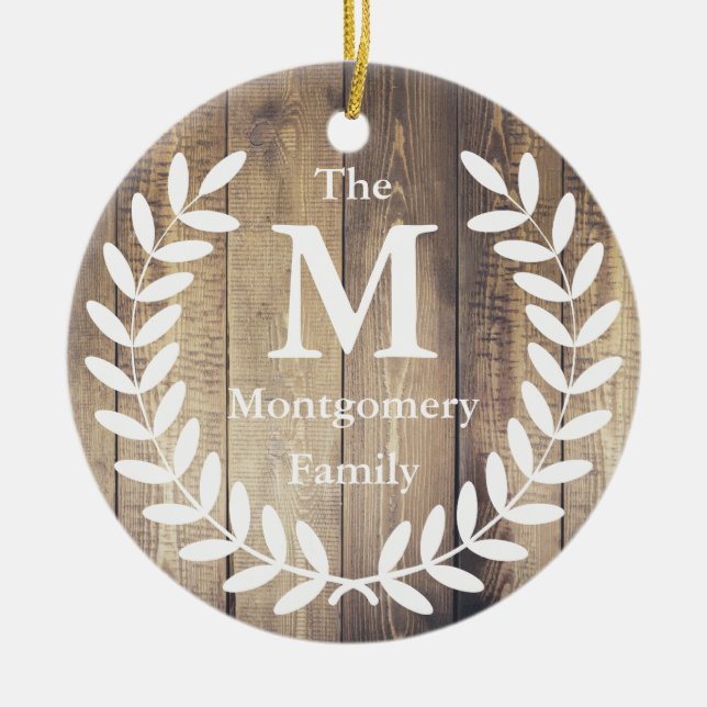 Rustic Farmhouse Wood White Laurels Family Namn Julgransprydnad Keramik (Framsidan)