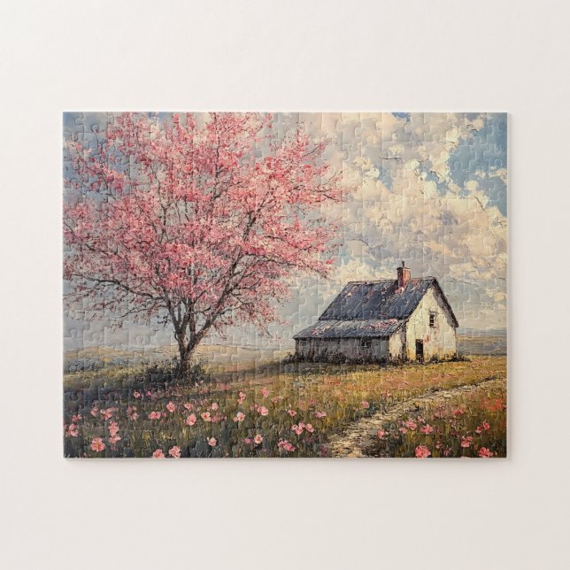 Rustic Farmstead med Blommar Träd Pussel (Horisontell)