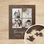 Rustic Faux Barn Wood Family Photo Collage Pussel<br><div class="desc">personlig med pussel i anpassningsbarna med dina familjefoller och monogram på en luddbakgrund. Lägg till din familjs namn-monogram eller annan anpassningsbar med plats för 4 kvadratbilder av Instagram. Använda designen verktyg för att lägga till fler foton och redigera texten typsnitt och färg för att skapa en unik design av ett...</div>