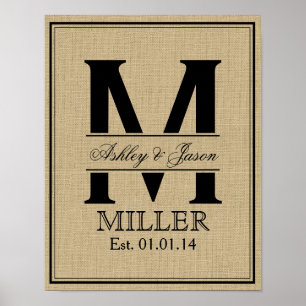 Rustic Faux Burlap Bröllop Monogram Poster
