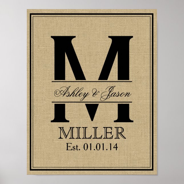 Rustic Faux Burlap Bröllop Monogram Poster (Framsidan)