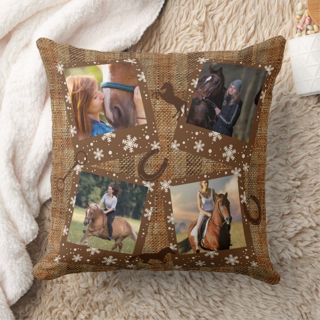 Rustic Faux Burlap Four Photo Collage Horse Kudde (Filt)