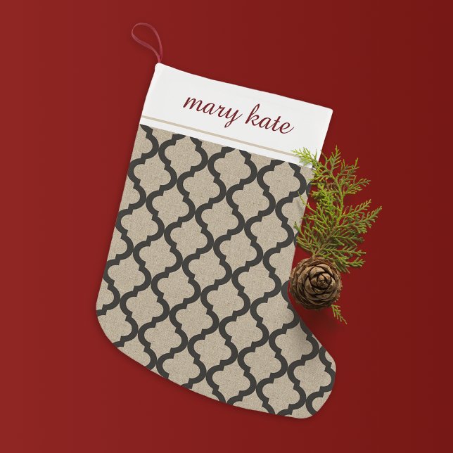 Rustic Faux Burlap och Black Moroccan Quatrefoil Liten Julstrumpa (Skapare uppladdad)