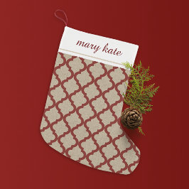 Rustic Faux Burlap och Red Moroccan Quatrefoil Liten Julstrumpa
