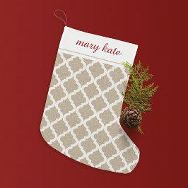Rustic Faux Burlap och White Moroccan Quatrefoil Liten Julstrumpa