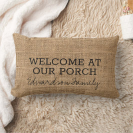 Rustic faux burlap Välkommen porrfamilj namn Lumbarkudde