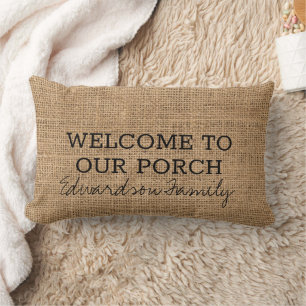 Rustic faux burlap Välkommen porrfamilj namn Lumbarkudde
