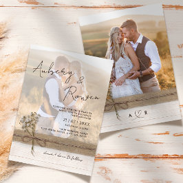Rustic Faux Burlap Wood Flower Boho Photo Bröllop Inbjudningar