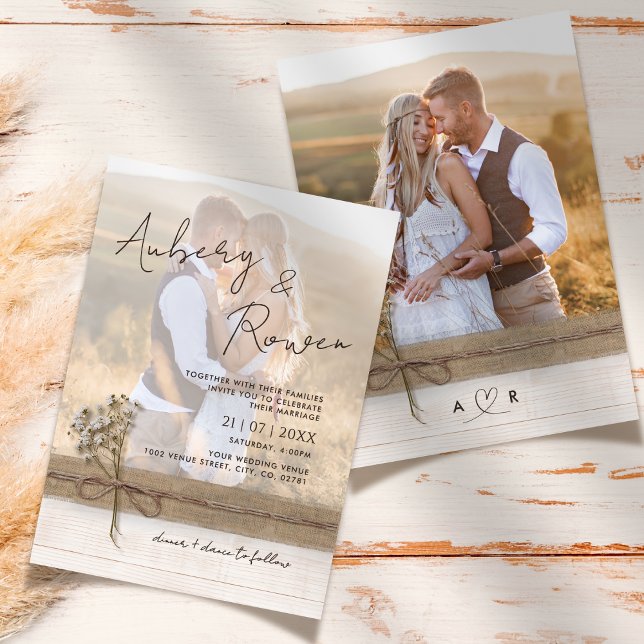 Rustic Faux Burlap Wood Flower Boho Photo Bröllop Inbjudningar (Skapare uppladdad)