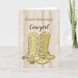 Rustic Faux Cream White Wood CowboyBoots Birthday Kort