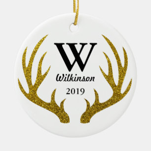 Rustic Faux Guld Glitter Hjort Antlers Familj Namn Julgransprydnad Keramik