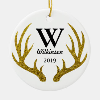Rustic Faux Guld Glitter Hjort Antlers Familj Namn Julgransprydnad Keramik