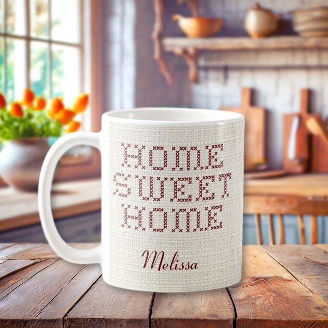 Rustic Faux Kor-Stitch Home Burgundy Kaffemugg (Rustic Faux Cross-Stitch Home Sweet Home Burgundy Coffee Mug
)