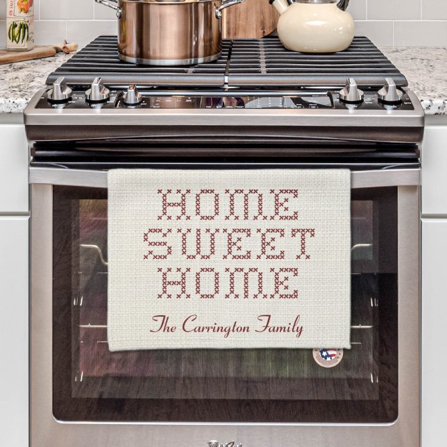 Rustic Faux Kor-Stitch Home Burgundy Kökshandduk (Rustic Faux Cross-Stitch Home Sweet Home Burgundy Kitchen Towel
)
