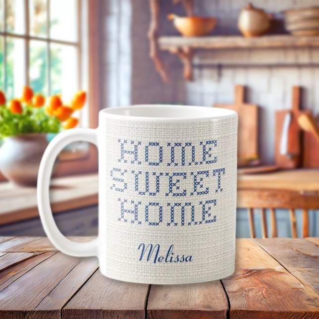 Rustic Faux Kor-Stitch Home Sweet Blue Kaffemugg (Rustic Faux Cross-Stitch Home Sweet Home Blue Coffee Mug
)