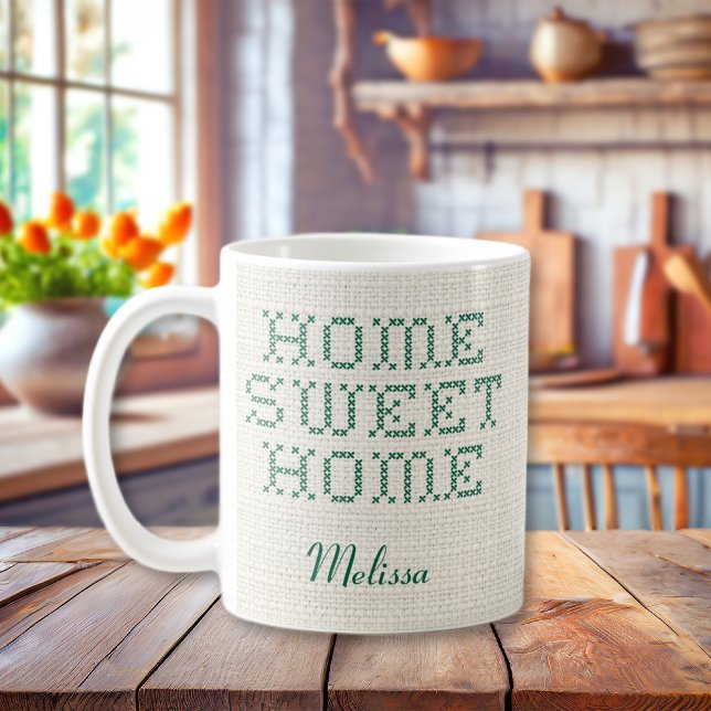 Rustic Faux Kor-Stitch Home Sweet Grönt Kaffemugg (Rustic Faux Cross-Stitch Home Sweet Home Green Coffee Mug
)