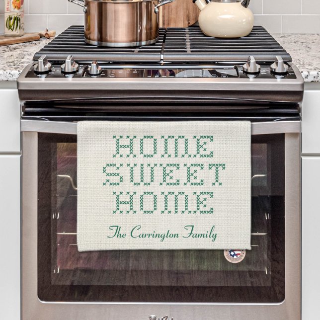 Rustic Faux Kor-Stitch Home Sweet Grönt Kökshandduk (Rustic Faux Cross-Stitch Home Sweet Home Green Kitchen Towel
)