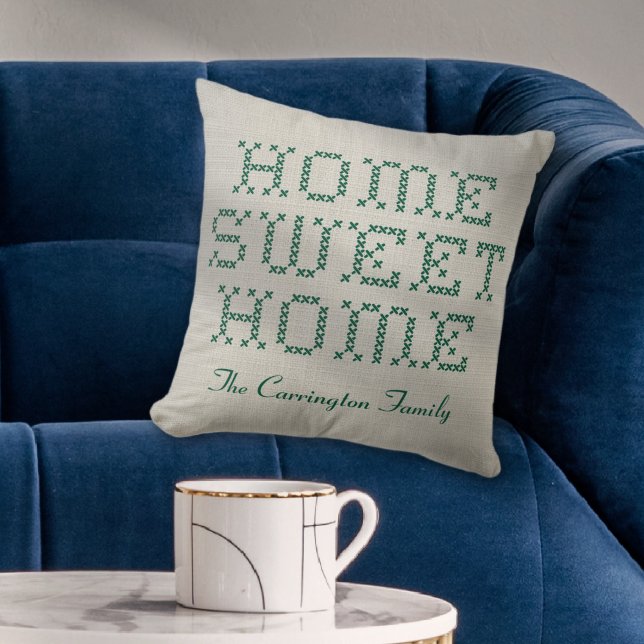 Rustic Faux Kor-Stitch Home Sweet Grönt Kudde (Rustic and Charming Faux Cross-Stitch Home Sweet Home Green Throw Pillow)