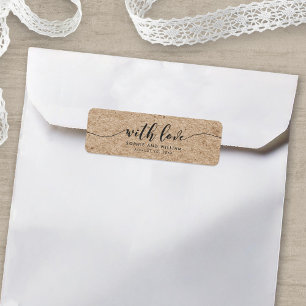 Rustic Faux Kraft-skript med Kärlek Wedding Favor Returadress Etikett