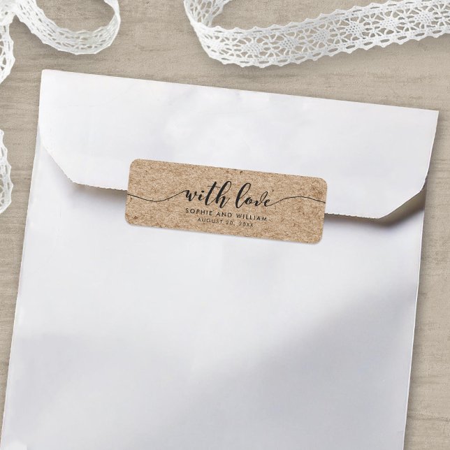 Rustic Faux Kraft-skript med Kärlek Wedding Favor Returadress Etikett (Skapare uppladdad)