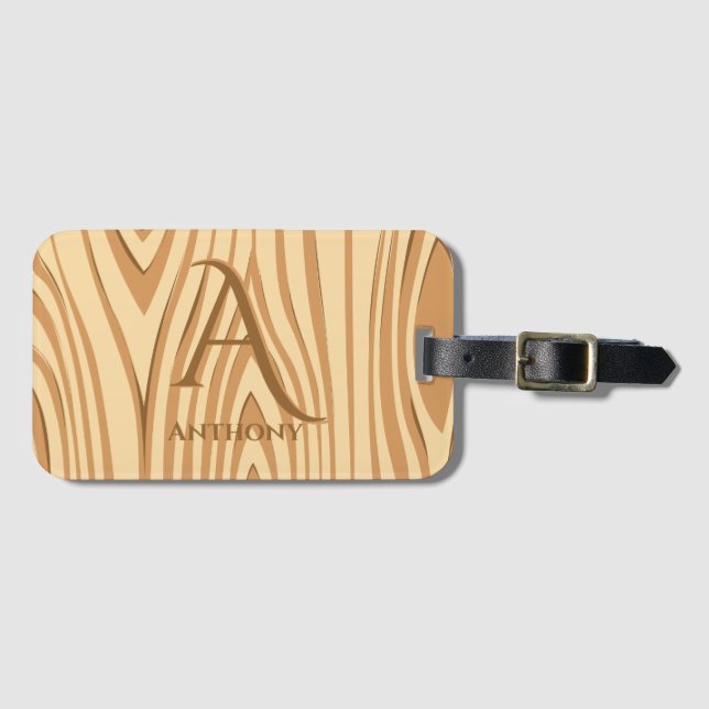 Rustic Faux Nedfläckad Brown Wood Monogrammed Anpa Bagagebricka (Framsida horisontal)