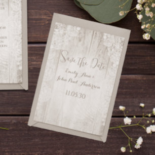 Rustic Faux Snöre Barn Wood Bröllop spara datum Inbjudningar